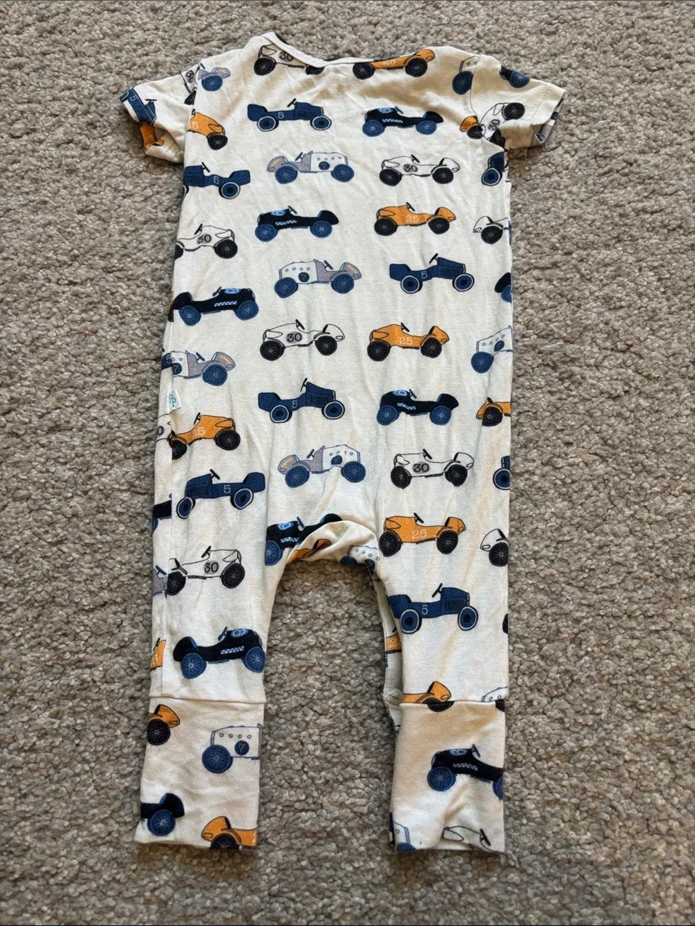 Posh Peanut Cream One-Piece with Navy and Orange Race Cars 0-3m